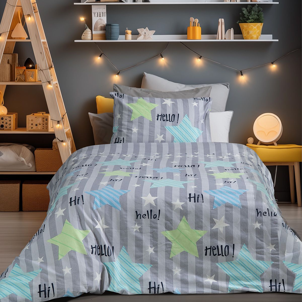 Beauty Home Σετ σεντόνια φανελένια μονά με λάστιχο Hello Art 6321 105x200+32 Γκρι